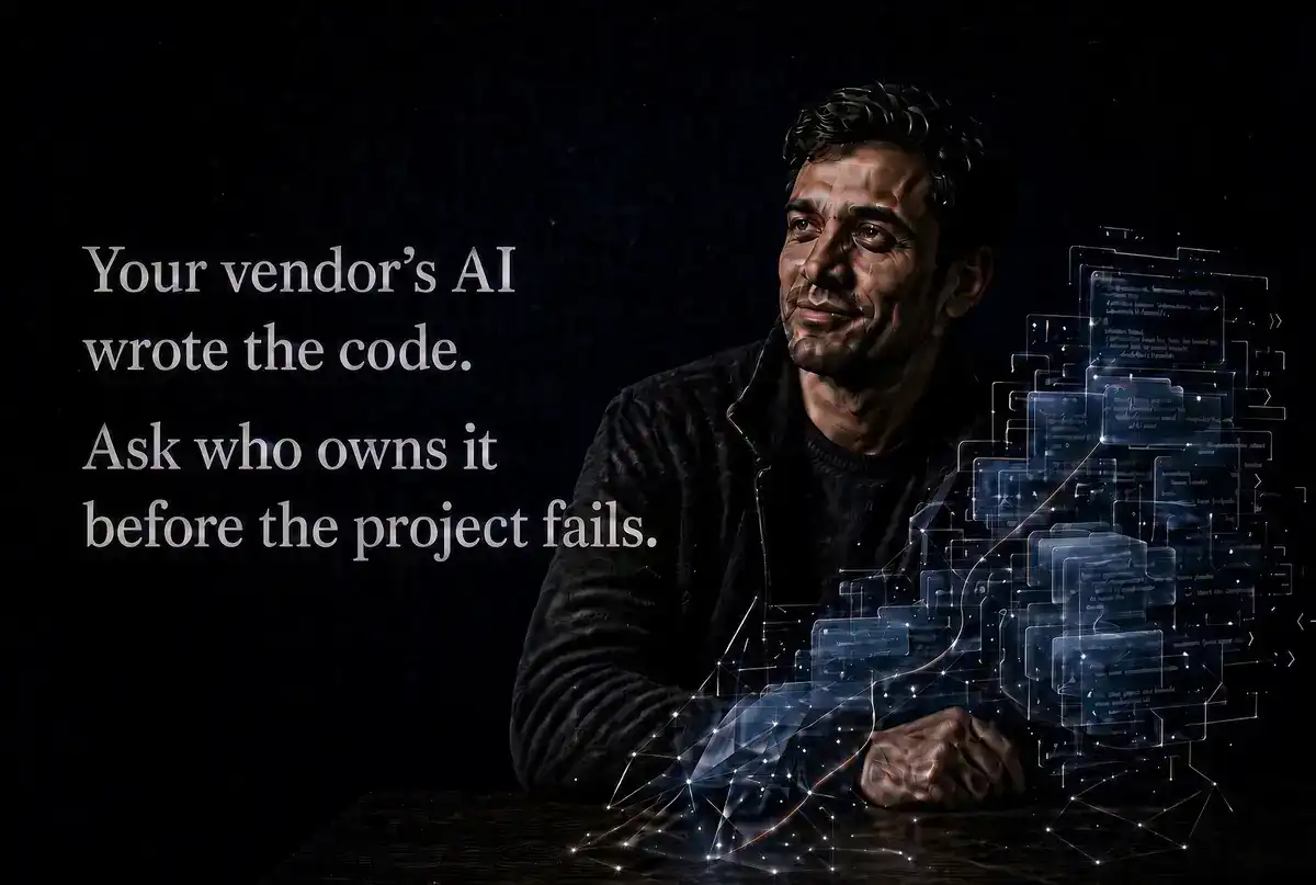 Your vendor's AI wrote the code. Ask who owns it before the project fails. A consultant at a desk looks on as translucent layers of source code rise from the table.