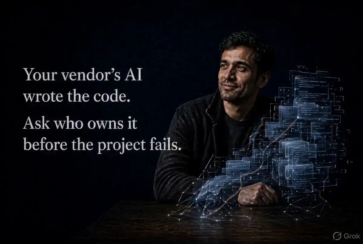 Your vendor's AI wrote the code. Ask who owns it before the project fails. A consultant at a desk looks on as translucent layers of source code rise from the table.